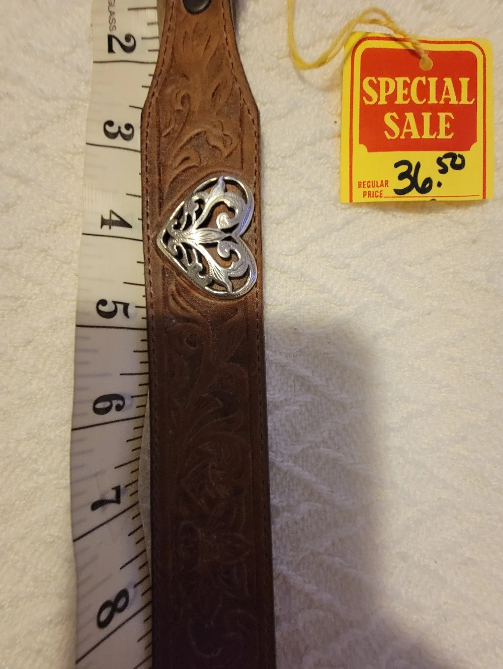 Women's Tooled Brown Leather Belt with Heart Conchos Fits 26-29 Inch Waist